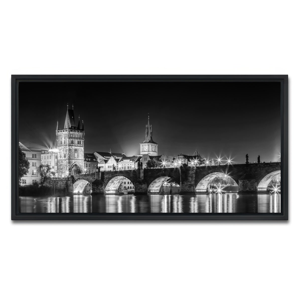 AUTO-MOCKUP WHITE | Night impression of Charles Bridge in Prague | 1 Piece | Black Framed Canvas | group=2x1