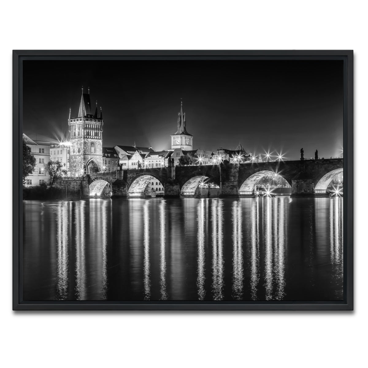 AUTO-MOCKUP WHITE | Night impression of Charles Bridge in Prague | 1 Piece | Black Framed Canvas | group=4x3