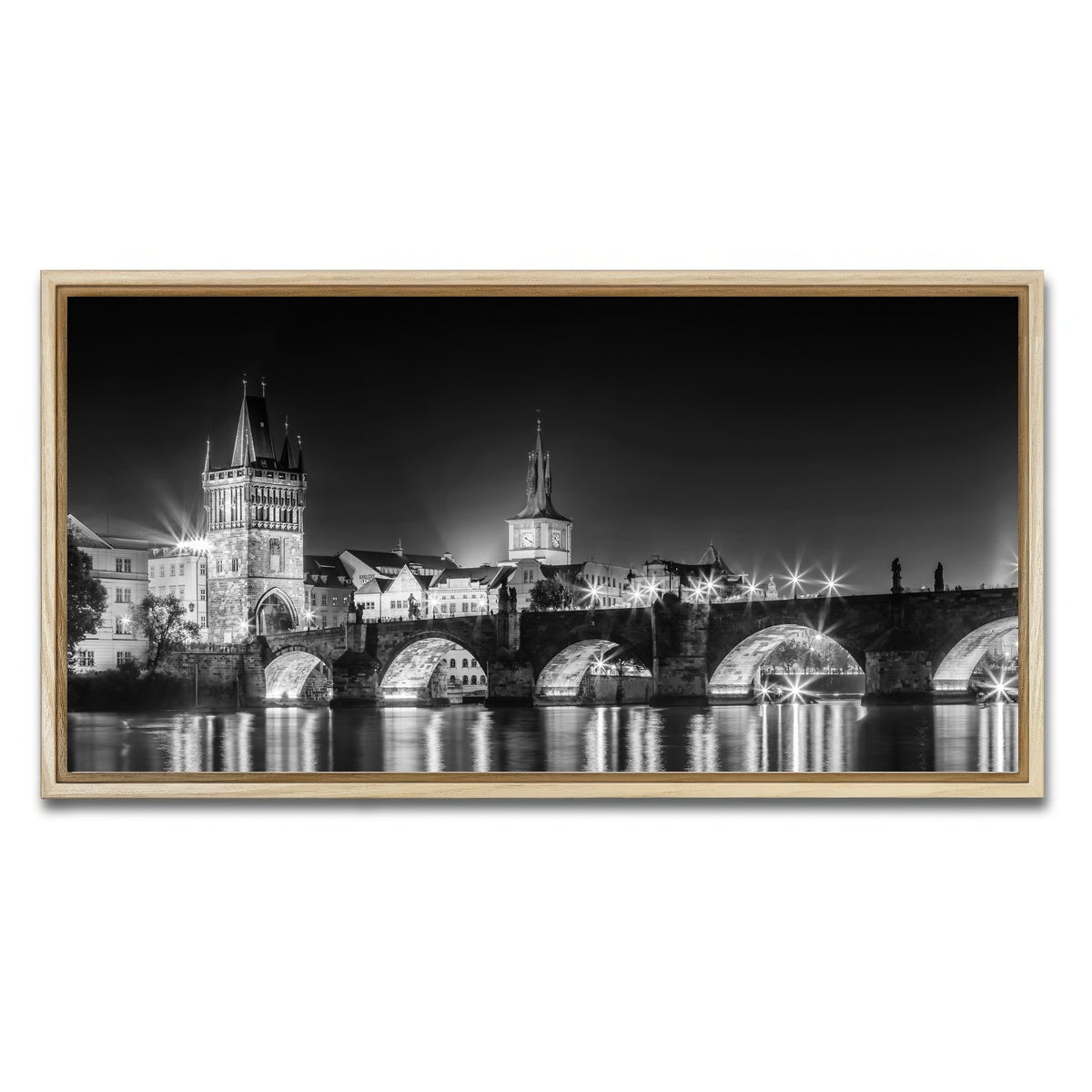AUTO-MOCKUP WHITE | Night impression of Charles Bridge in Prague | 1 Piece | Natural Framed Canvas | group=2x1