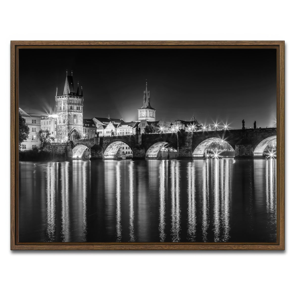 AUTO-MOCKUP WHITE | Night impression of Charles Bridge in Prague | 1 Piece | Walnut Framed Canvas | group=4x3