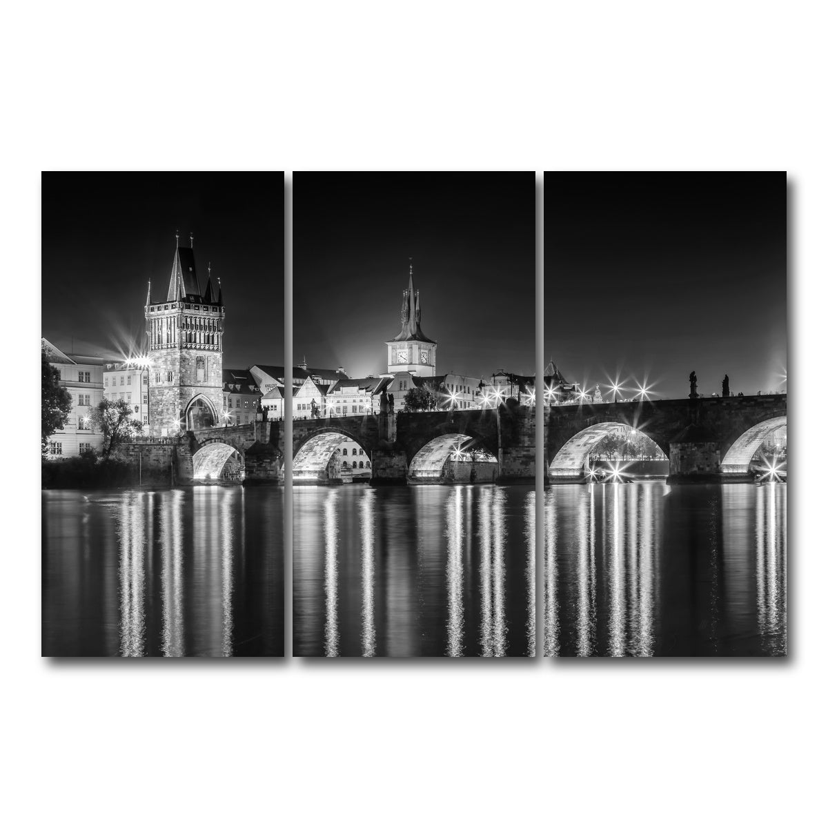 AUTO-MOCKUP WHITE | Night impression of Charles Bridge in Prague | 3 Piece | Gallery Wrap Canvas | group=12x24