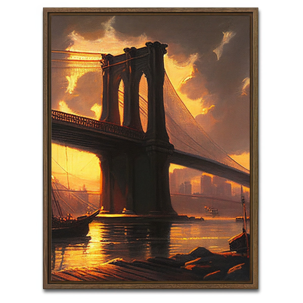 AUTO-MOCKUP WHITE | Old Brooklyn Bridge at Dusk | 1 Piece | Walnut Framed Canvas | group=3x4