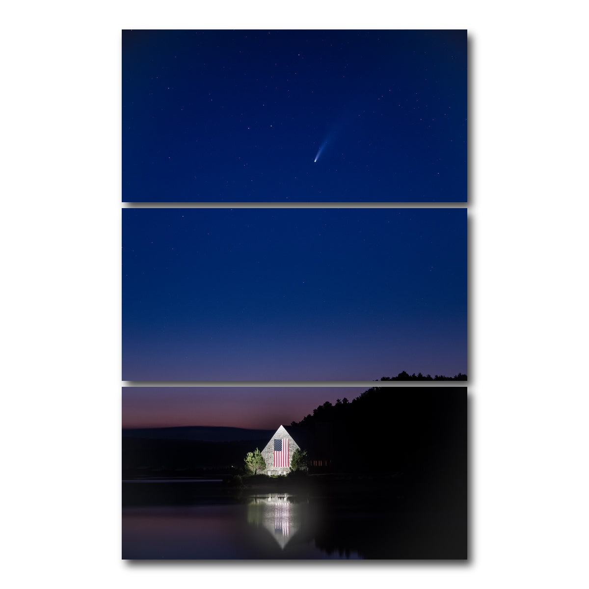 AUTO-MOCKUP WHITE | Old Stone Church and Neowise | 3 Piece | Gallery Wrap Canvas | group=12x24_stacked