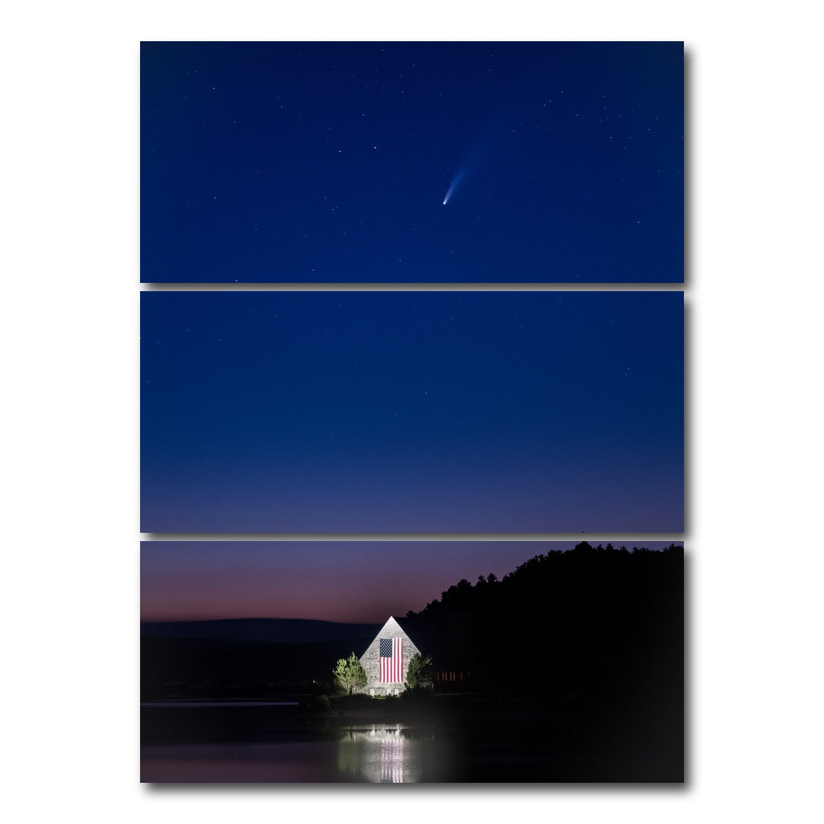 AUTO-MOCKUP WHITE | Old Stone Church and Neowise | 3 Piece | Gallery Wrap Canvas | group=8x18_stacked