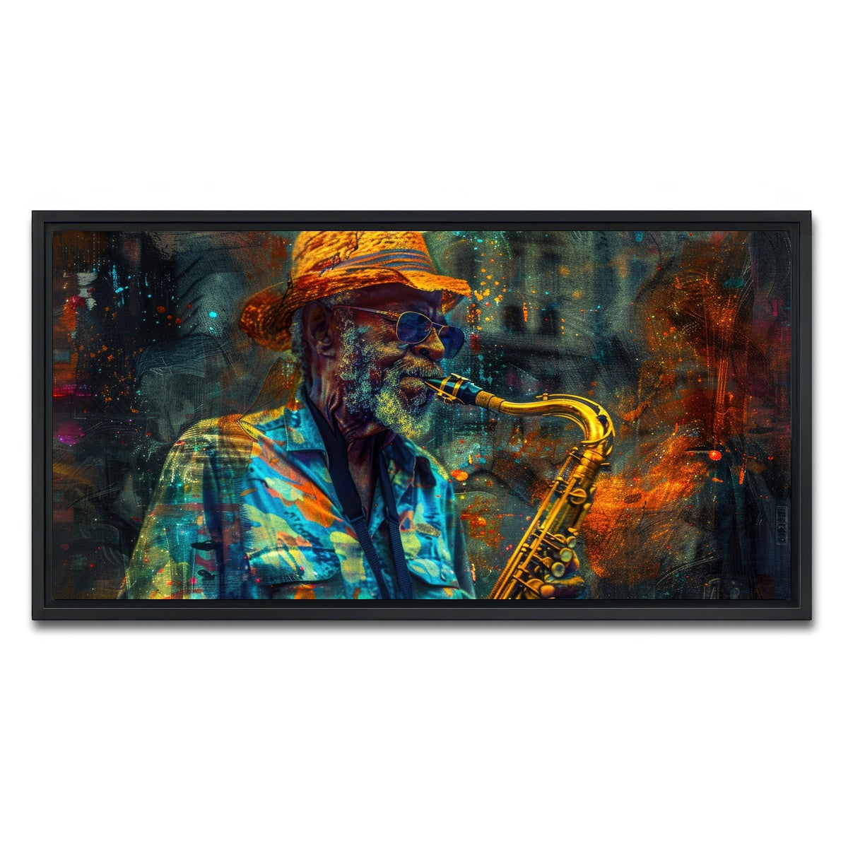AUTO-MOCKUP WHITE | Old saxophonist plays jazz | 1 Piece | Black Framed Canvas | group=2x1
