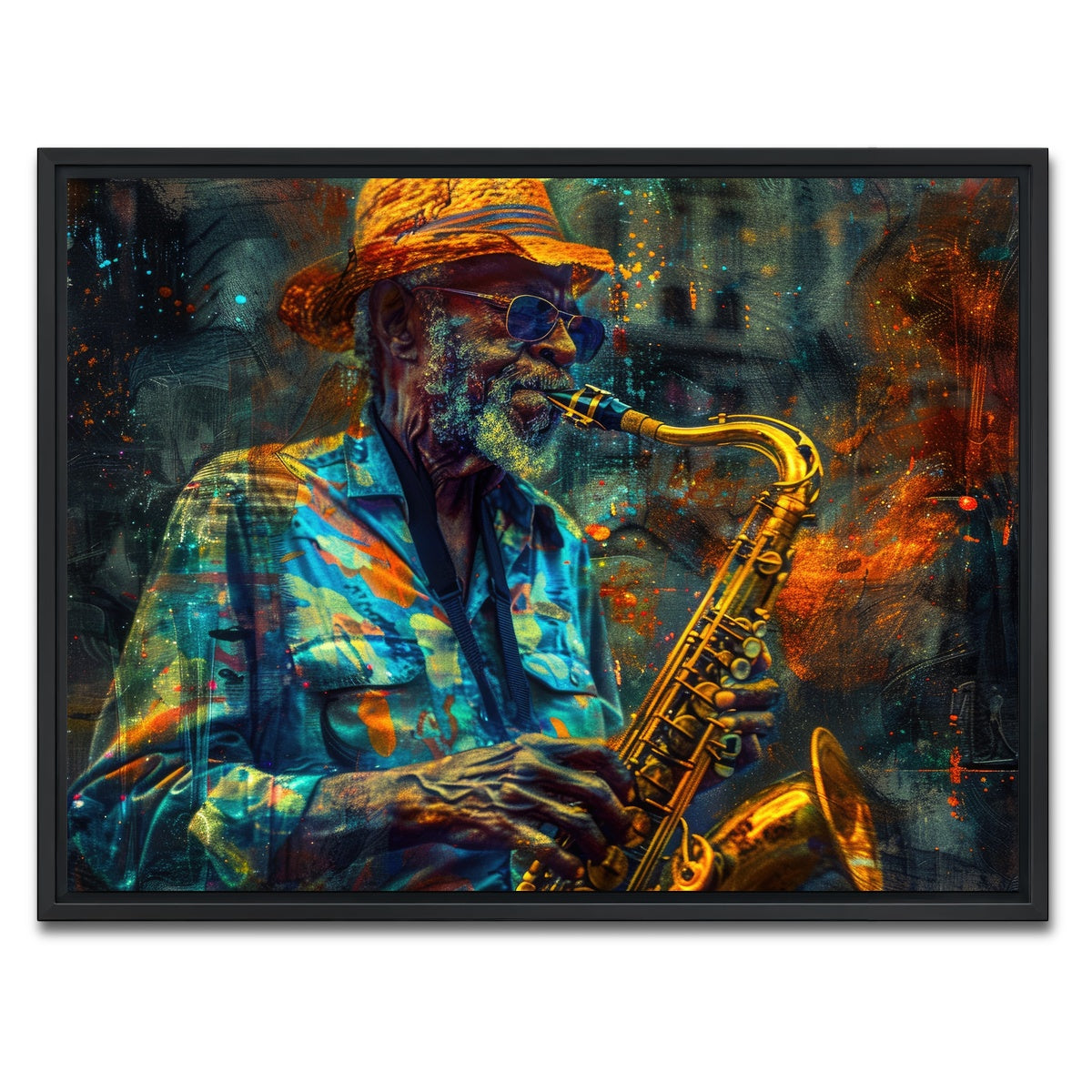 AUTO-MOCKUP WHITE | Old saxophonist plays jazz | 1 Piece | Black Framed Canvas | group=4x3