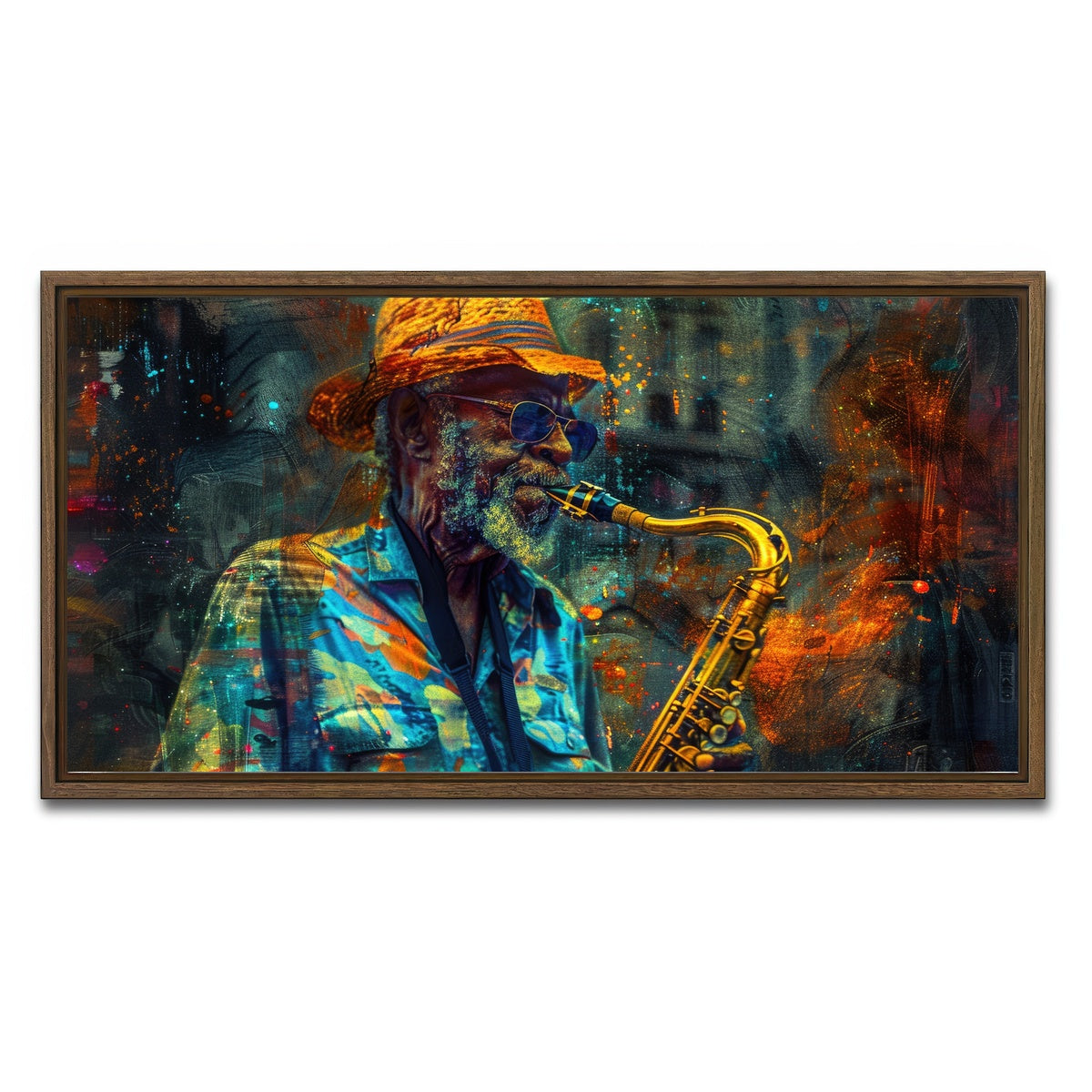 AUTO-MOCKUP WHITE | Old saxophonist plays jazz | 1 Piece | Walnut Framed Canvas | group=2x1