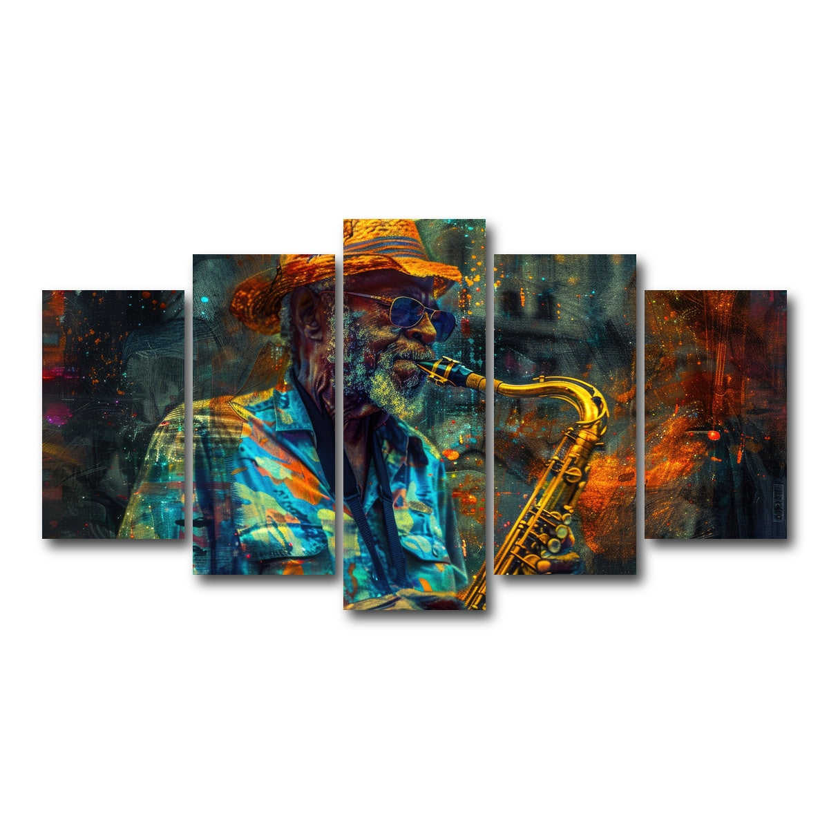 AUTO-MOCKUP WHITE | Old saxophonist plays jazz | 5 Piece | Gallery Wrap Canvas | group=5_normal