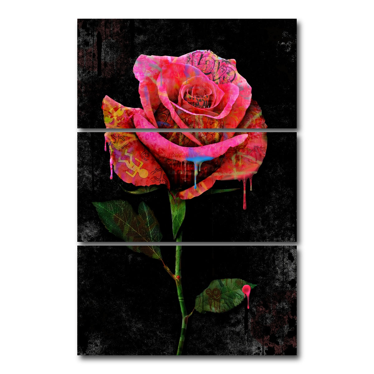 AUTO-MOCKUP WHITE | Paint Drip Rose | 3 Piece | Gallery Wrap Canvas | group=12x24_stacked