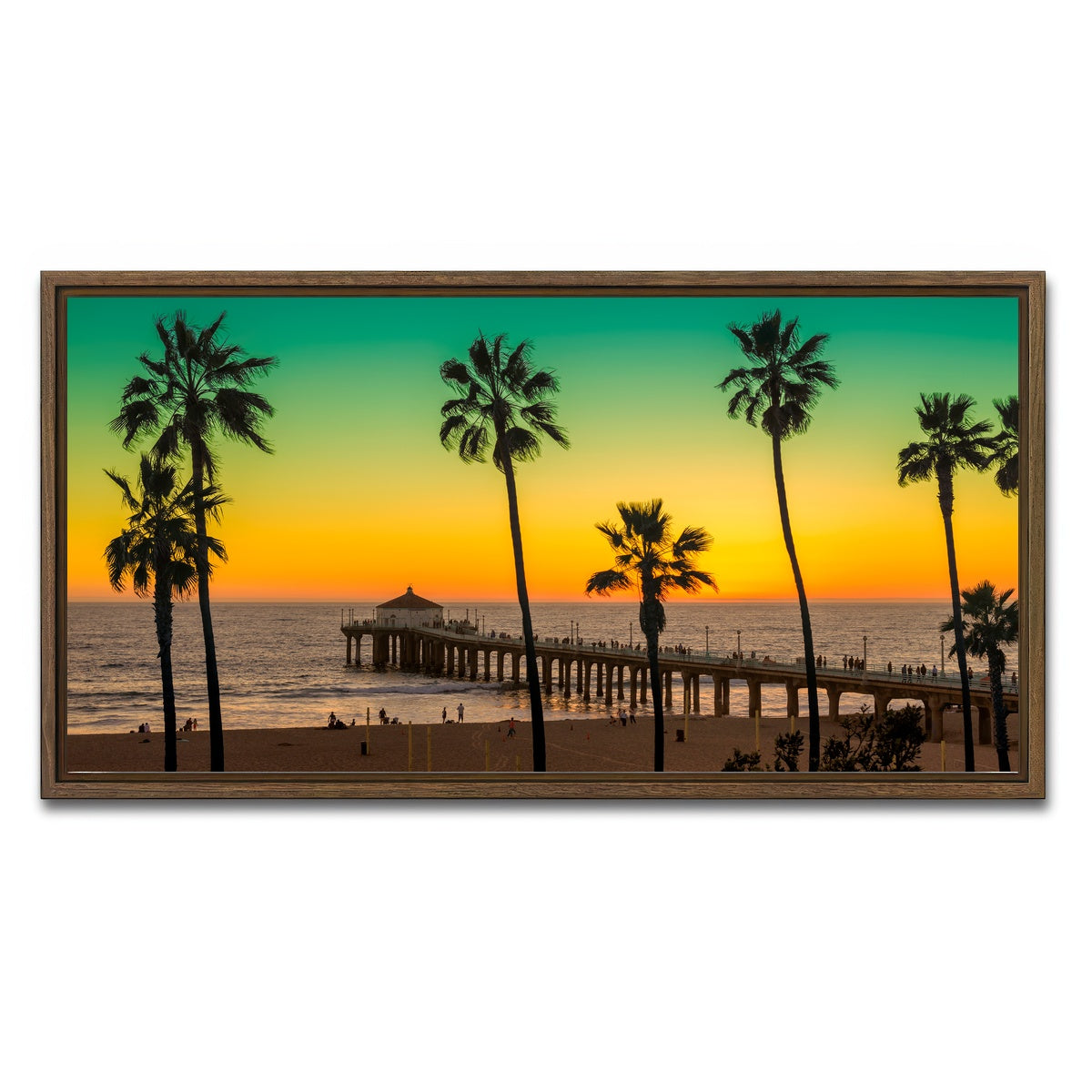 AUTO-MOCKUP WHITE | Palm trees and Pier on Manhattan Beach | 1 Piece | Walnut Framed Canvas | group=2x1
