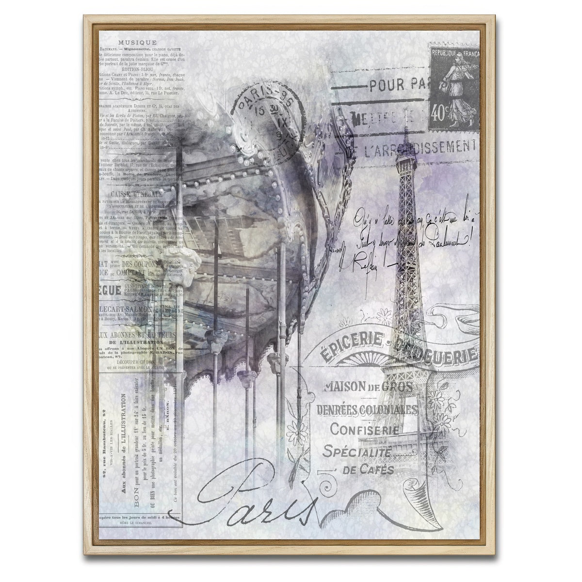 AUTO-MOCKUP WHITE | Paris Collage - Eiffel Tower and carousel | 1 Piece | Natural Framed Canvas | group=3x4
