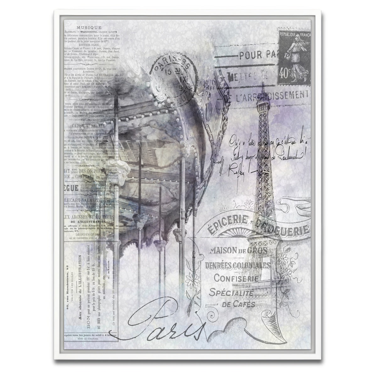 AUTO-MOCKUP WHITE | Paris Collage - Eiffel Tower and carousel | 1 Piece | White Framed Canvas | group=3x4