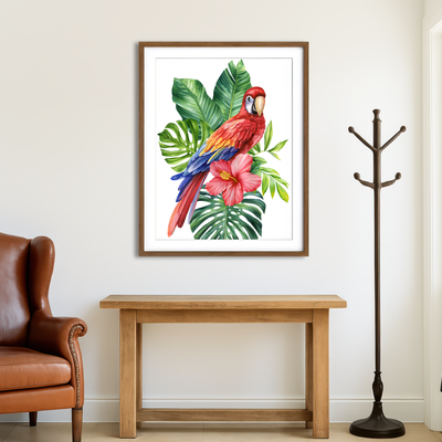 AUTO-MOCKUP ROOM | Parrot With Tropical Flowers Wall Art