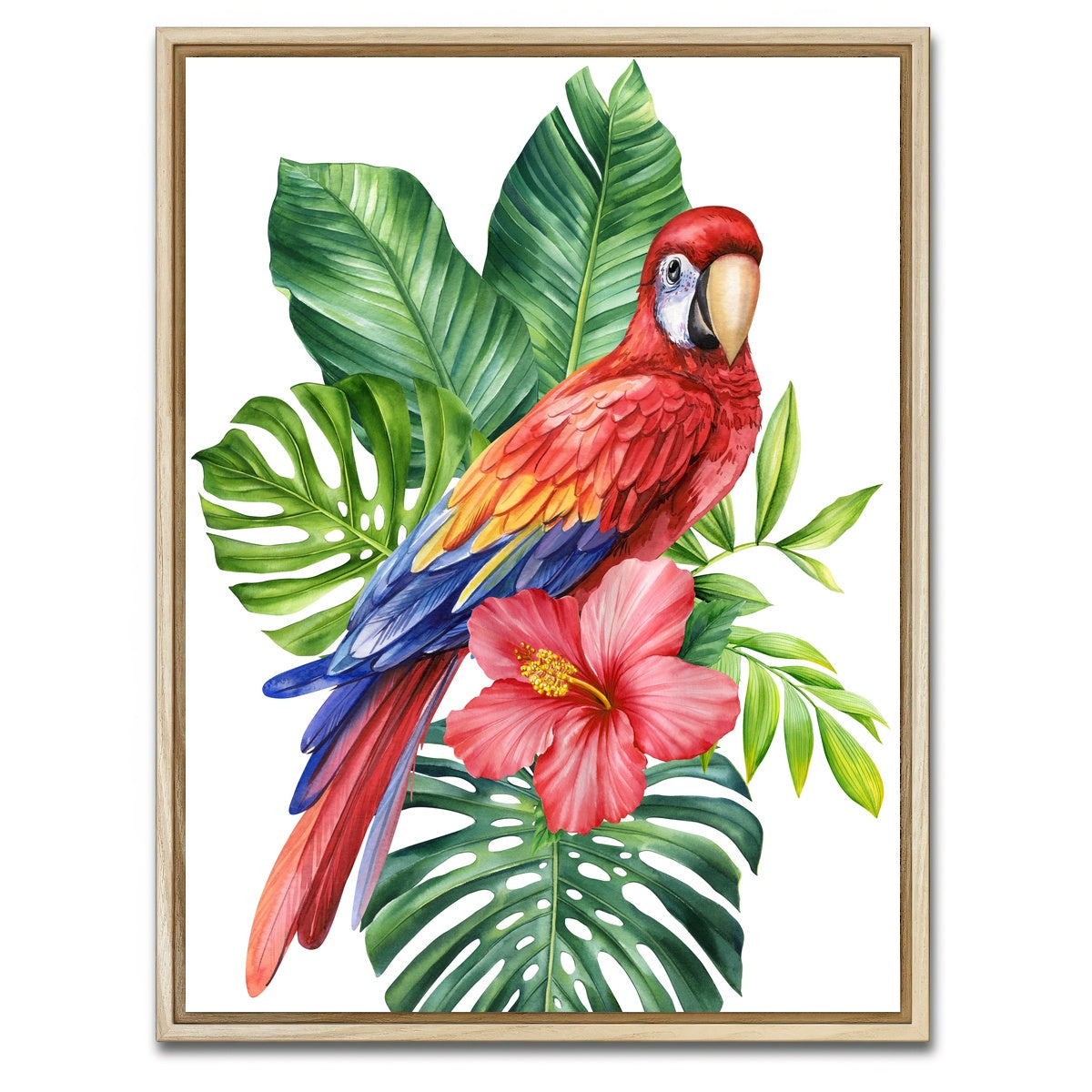AUTO-MOCKUP WHITE | Parrot With Tropical Flowers | 1 Piece | Natural Framed Canvas | group=3x4