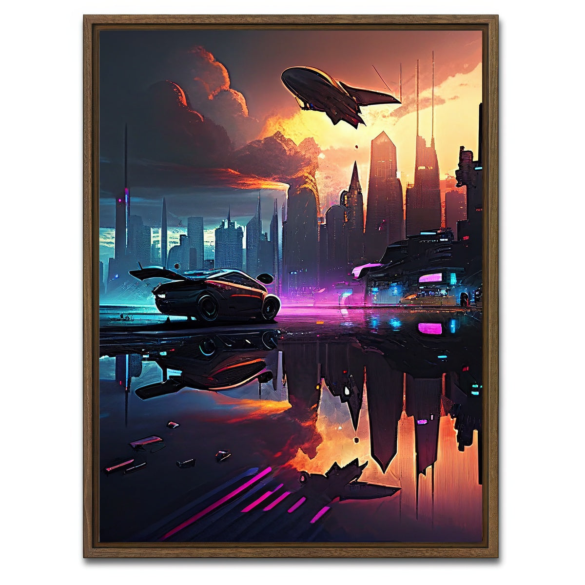 AUTO-MOCKUP WHITE | Patrol Over the Cyber Metropolis | 1 Piece | Walnut Framed Canvas | group=3x4