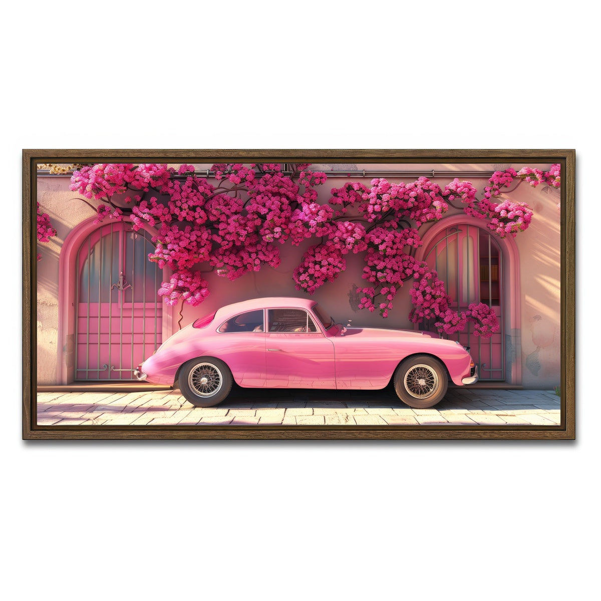 AUTO-MOCKUP WHITE | Pink Car and Flowers | 1 Piece | Walnut Framed Canvas | group=2x1