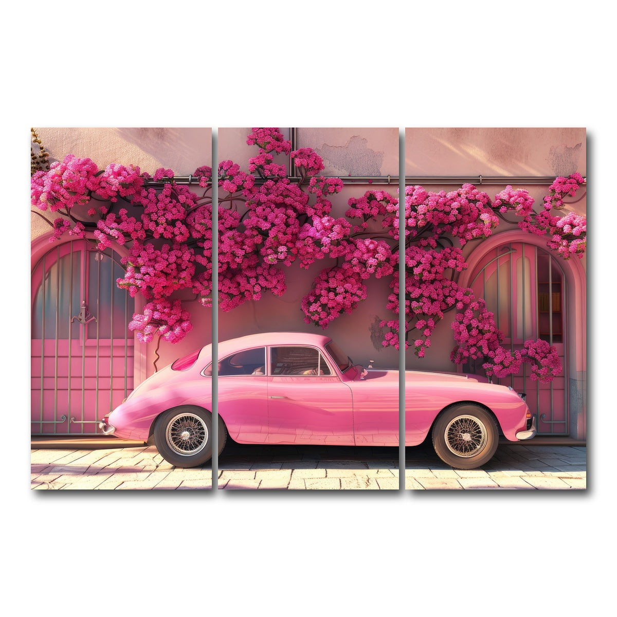 AUTO-MOCKUP WHITE | Pink Car and Flowers | 3 Piece | Gallery Wrap Canvas | group=12x24