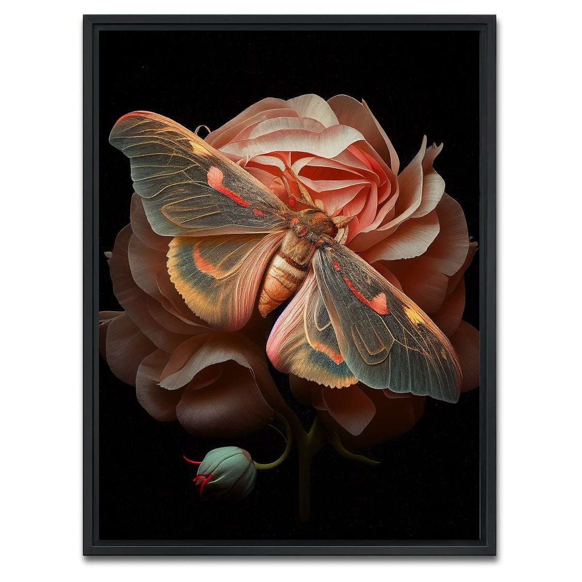 AUTO-MOCKUP WHITE | Pink Moth and Rose | 1 Piece | Black Framed Canvas | group=3x4