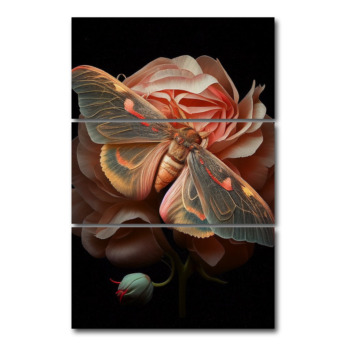 AUTO-MOCKUP WHITE | Pink Moth and Rose | 3 Piece | Gallery Wrap Canvas | group=12x24_stacked