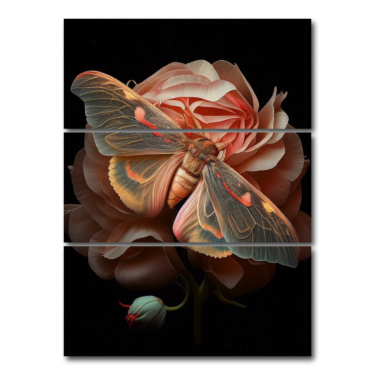 AUTO-MOCKUP WHITE | Pink Moth and Rose | 3 Piece | Gallery Wrap Canvas | group=8x18_stacked