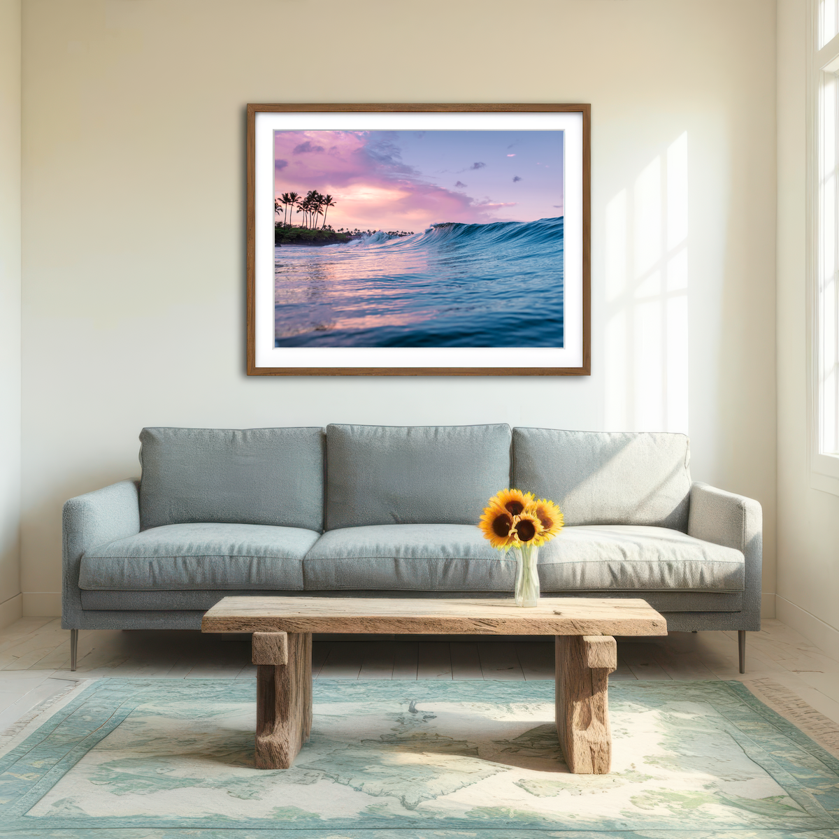 AUTO-MOCKUP ROOM | Pink Sunrise Blue Waves Wall Art