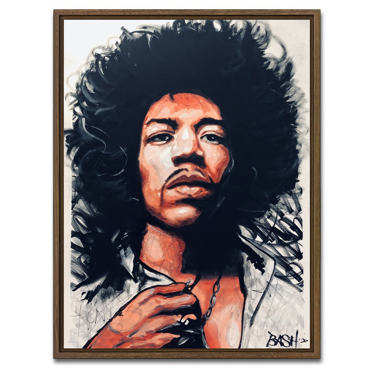 AUTO-MOCKUP WHITE | Portrait of Jimi Hendrix | 1 Piece | Walnut Framed Canvas | group=3x4