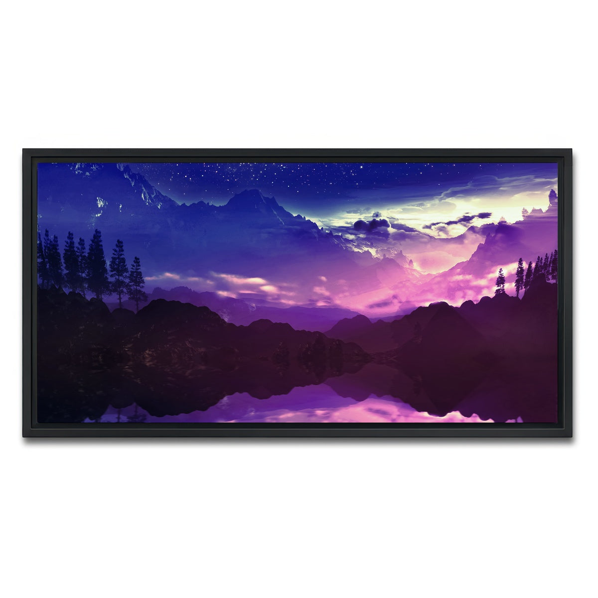 AUTO-MOCKUP WHITE | Purple Landscape Reflection | 1 Piece | Black Framed Canvas | group=2x1