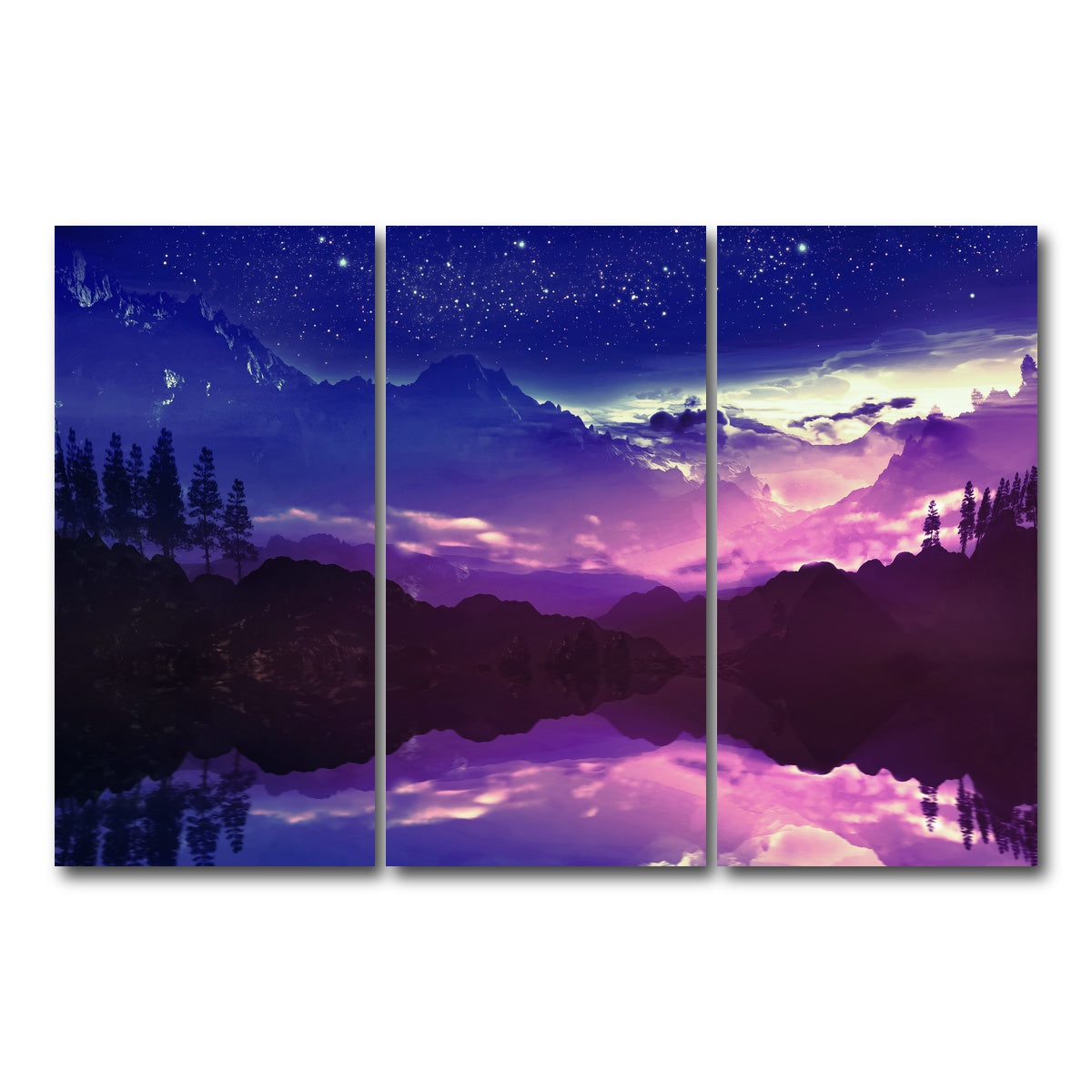 AUTO-MOCKUP WHITE | Purple Landscape Reflection | 3 Piece | Gallery Wrap Canvas | group=12x24