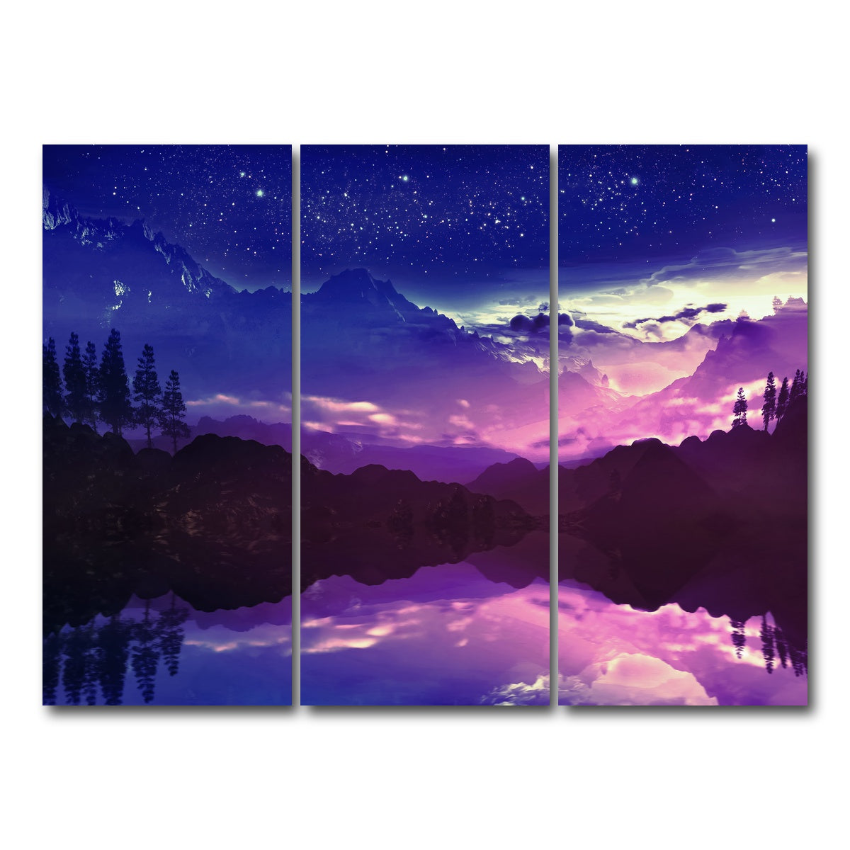 AUTO-MOCKUP WHITE | Purple Landscape Reflection | 3 Piece | Gallery Wrap Canvas | group=8x18