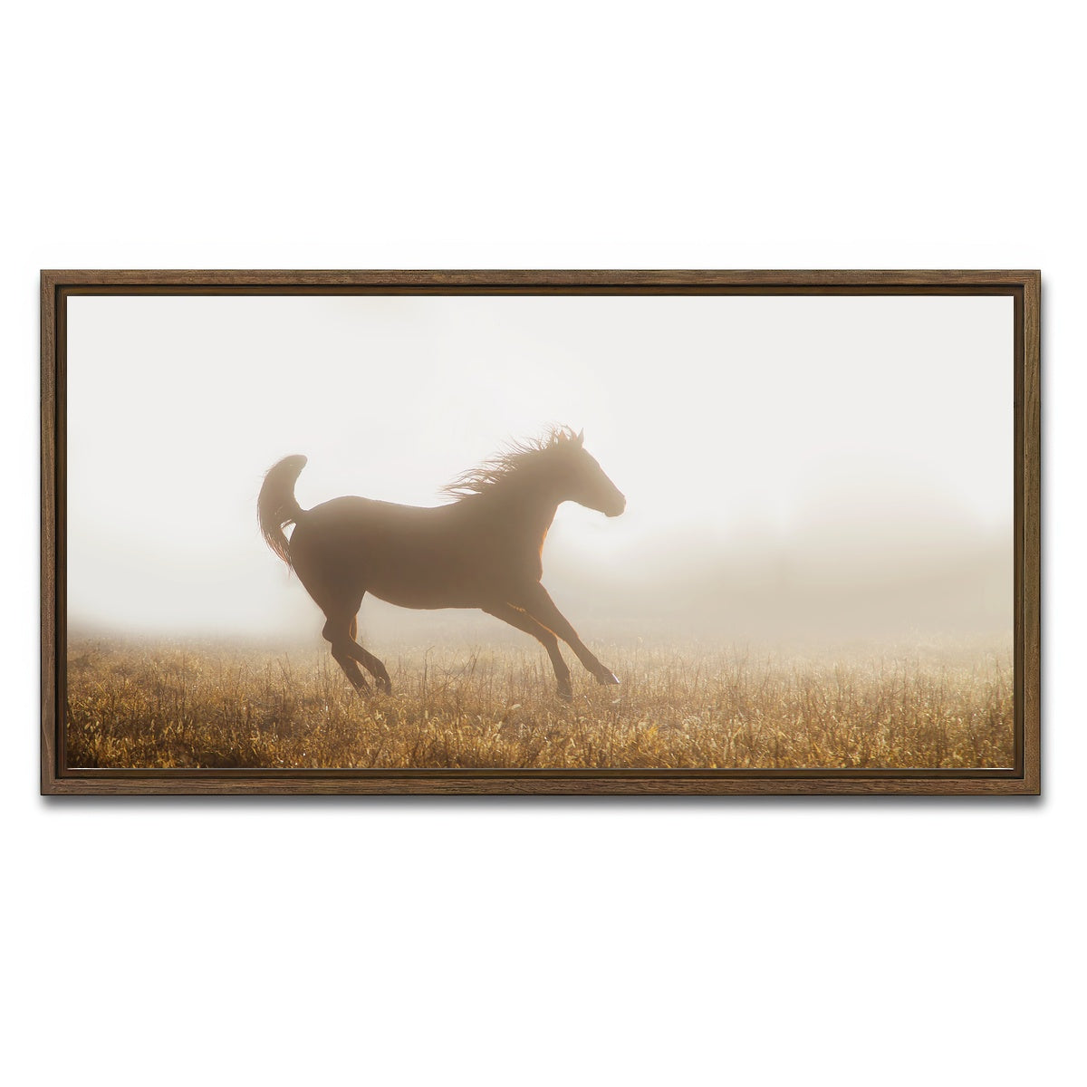 AUTO-MOCKUP WHITE | Quarter Horse Running in Fog | 1 Piece | Walnut Framed Canvas | group=2x1