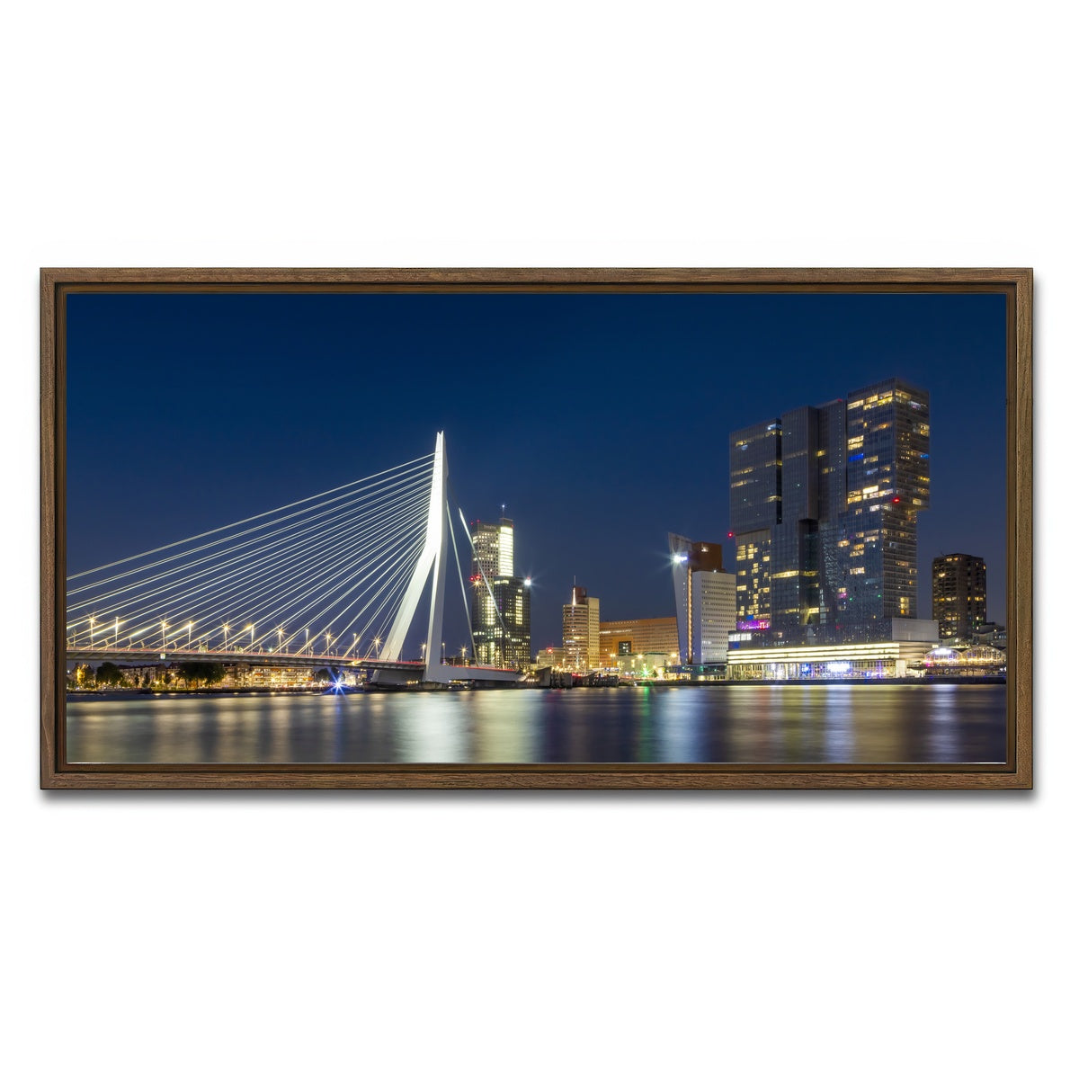 AUTO-MOCKUP WHITE | ROTTERDAM Erasmus Bridge at night | 1 Piece | Walnut Framed Canvas | group=2x1