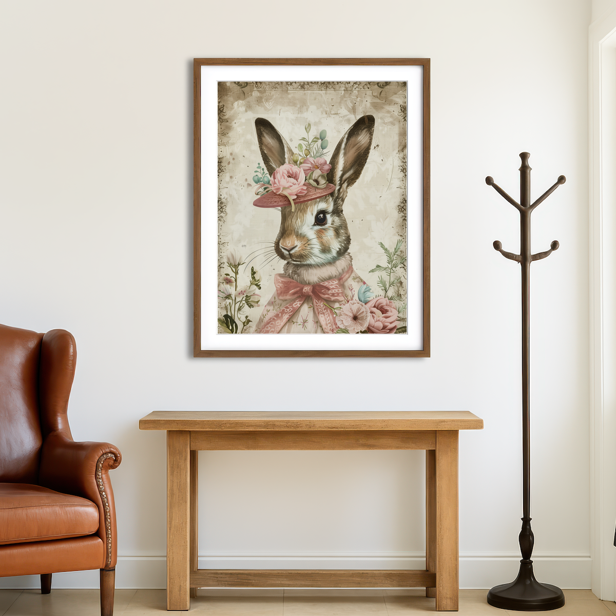 AUTO-MOCKUP ROOM | Rabbit Wearing Floral Hat Wall Art