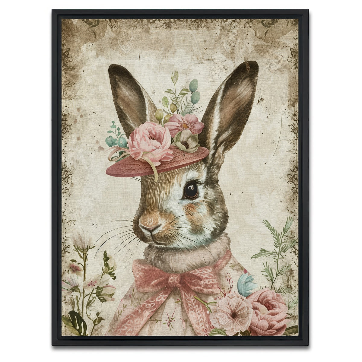 AUTO-MOCKUP WHITE | Rabbit wearing floral hat | 1 Piece | Black Framed Canvas | group=3x4