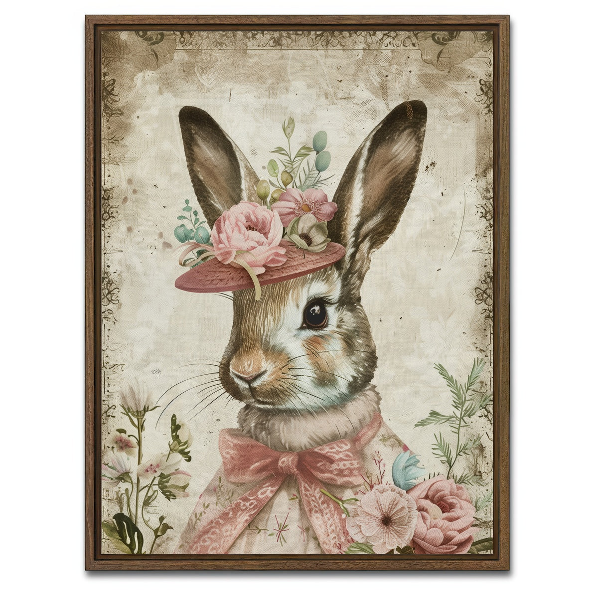 AUTO-MOCKUP WHITE | Rabbit wearing floral hat | 1 Piece | Walnut Framed Canvas | group=3x4