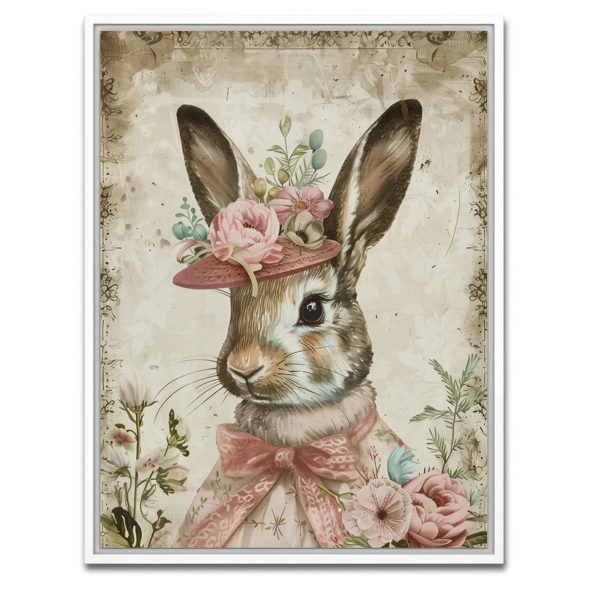 AUTO-MOCKUP WHITE | Rabbit wearing floral hat | 1 Piece | White Framed Canvas | group=3x4