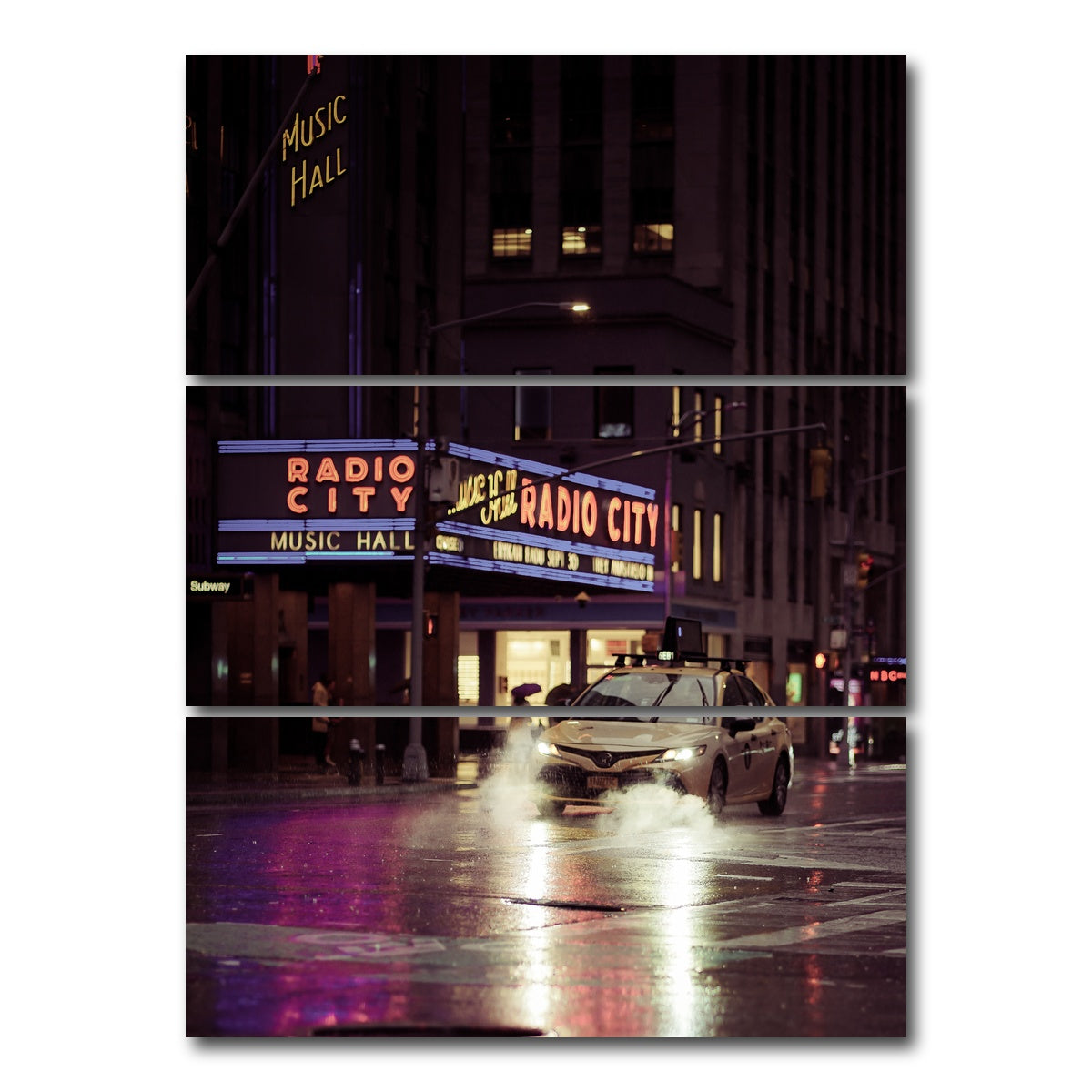 AUTO-MOCKUP WHITE | Radio City Rainy Yellow Cab | 3 Piece | Gallery Wrap Canvas | group=8x18_stacked