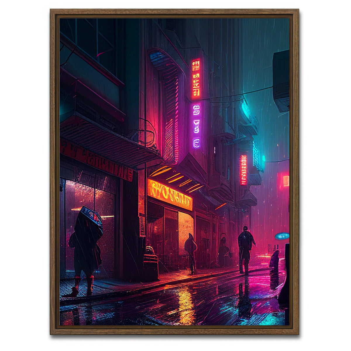 AUTO-MOCKUP WHITE | Rainy Stroll in Neo Chinatown | 1 Piece | Walnut Framed Canvas | group=3x4