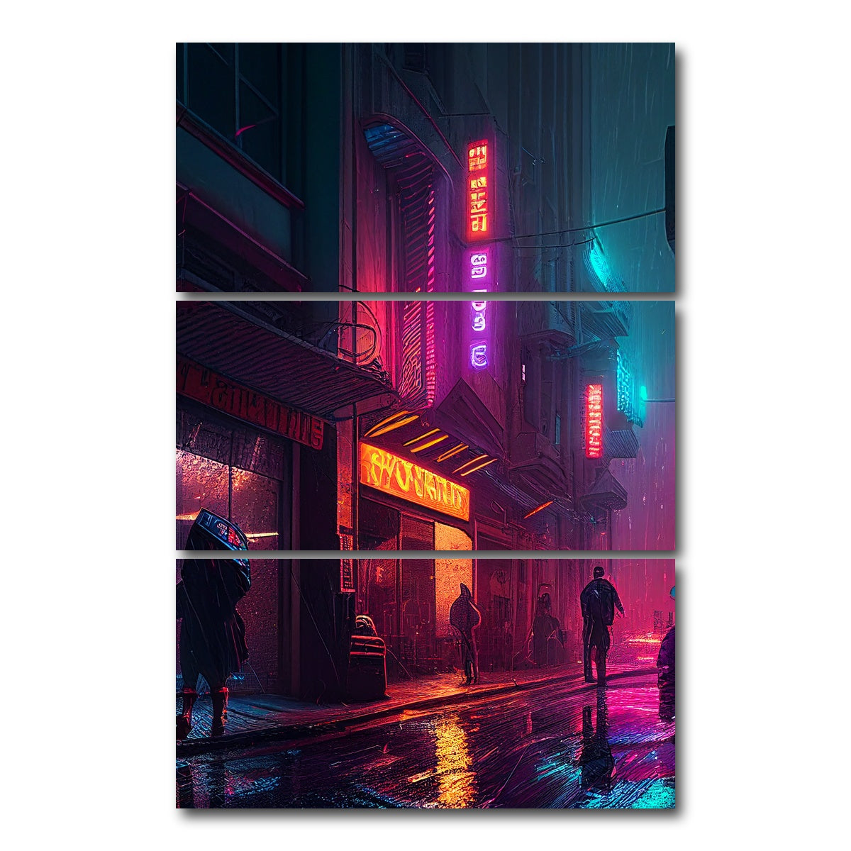 AUTO-MOCKUP WHITE | Rainy Stroll in Neo Chinatown | 3 Piece | Gallery Wrap Canvas | group=12x24_stacked