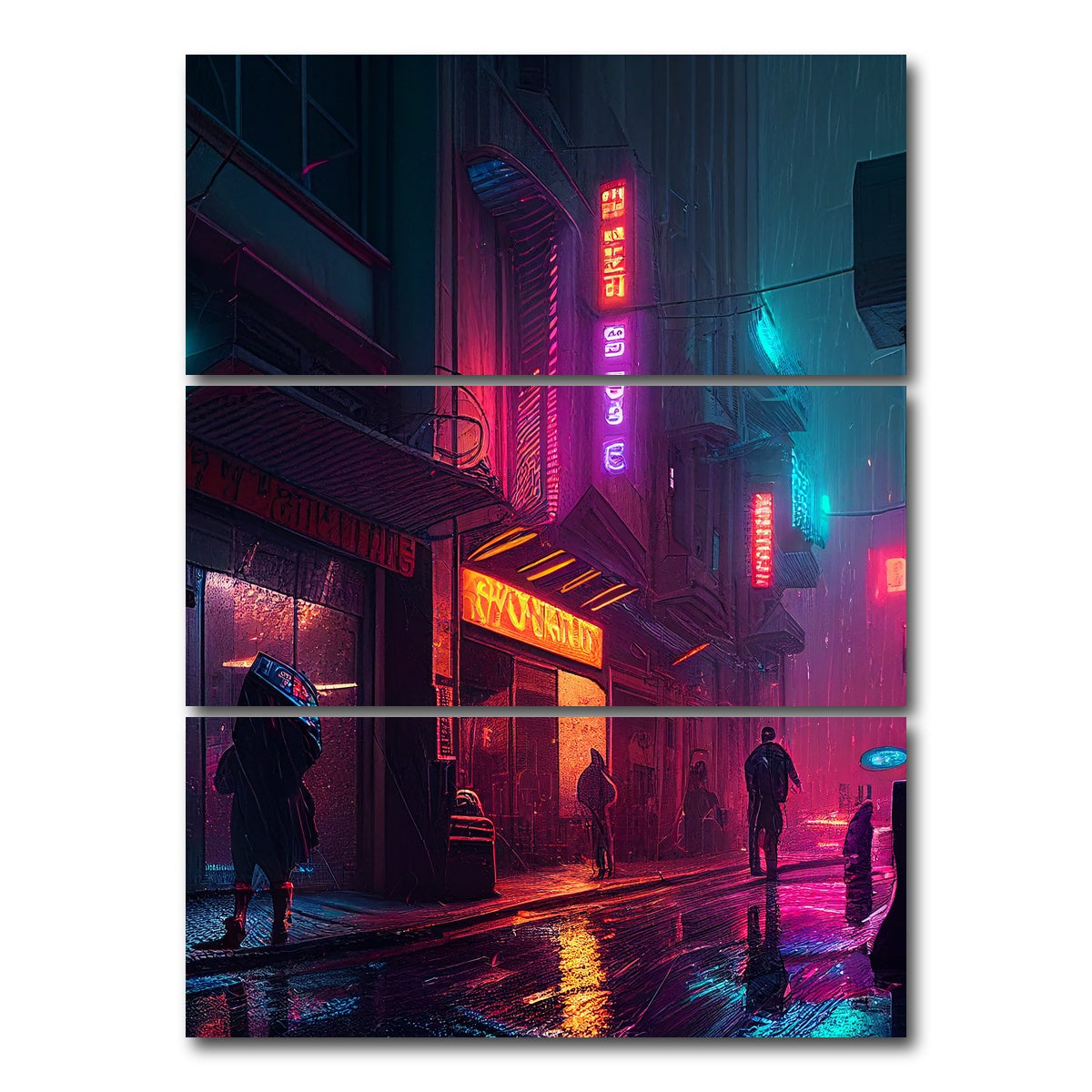 AUTO-MOCKUP WHITE | Rainy Stroll in Neo Chinatown | 3 Piece | Gallery Wrap Canvas | group=8x18_stacked