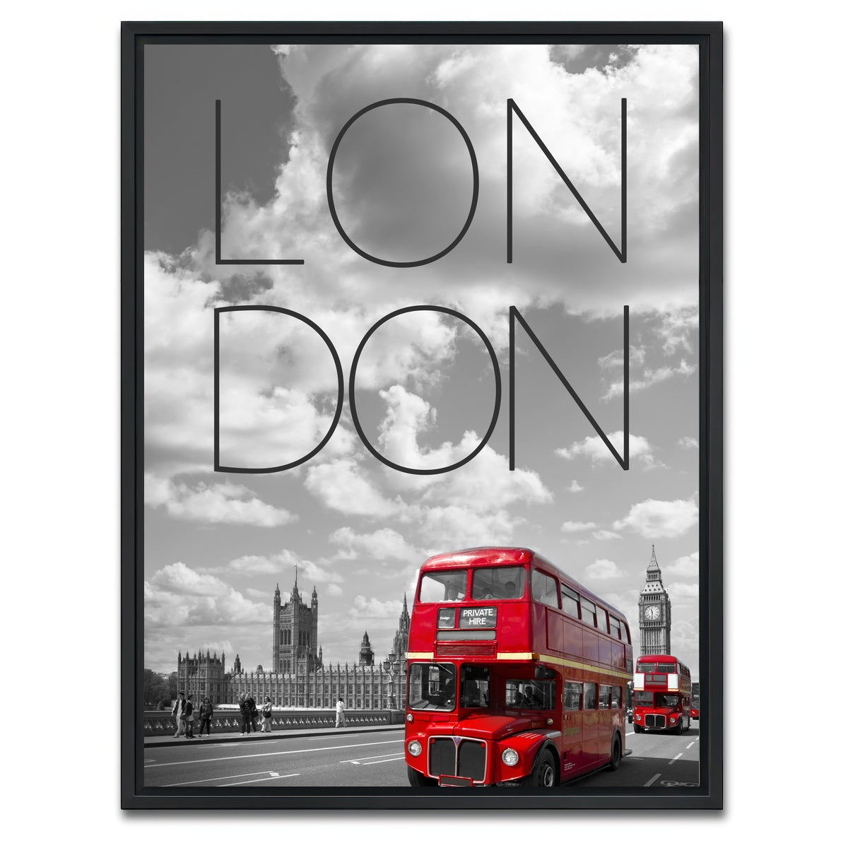 AUTO-MOCKUP WHITE | Red Buses London Text | 1 Piece | Black Framed Canvas | group=3x4