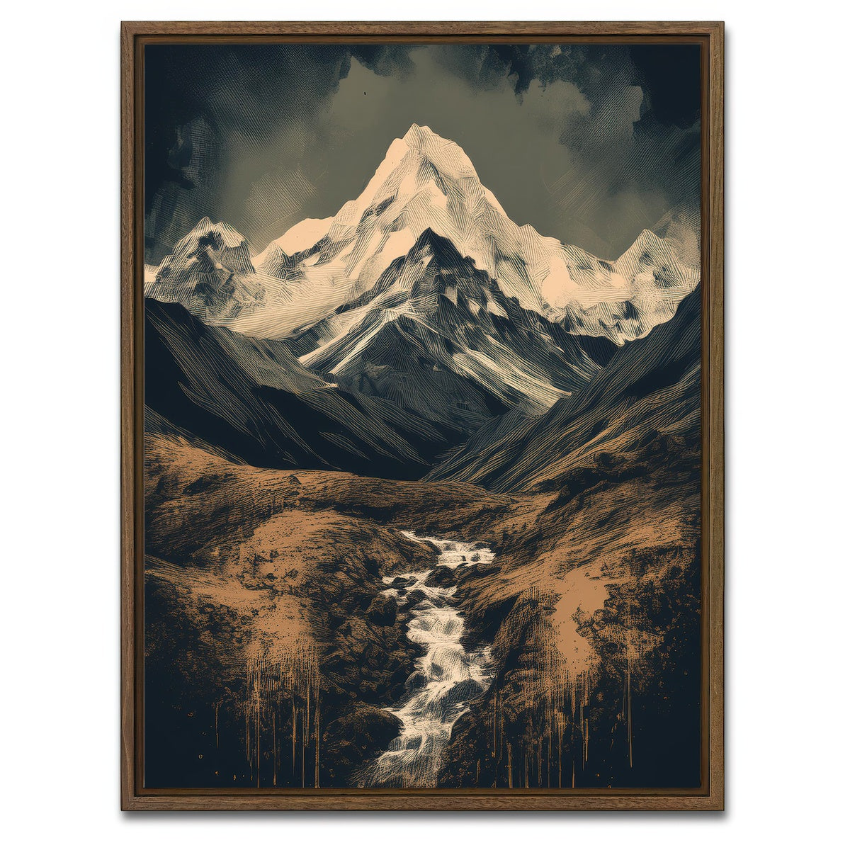 AUTO-MOCKUP WHITE | Retro Mountain Painting | 1 Piece | Walnut Framed Canvas | group=3x4