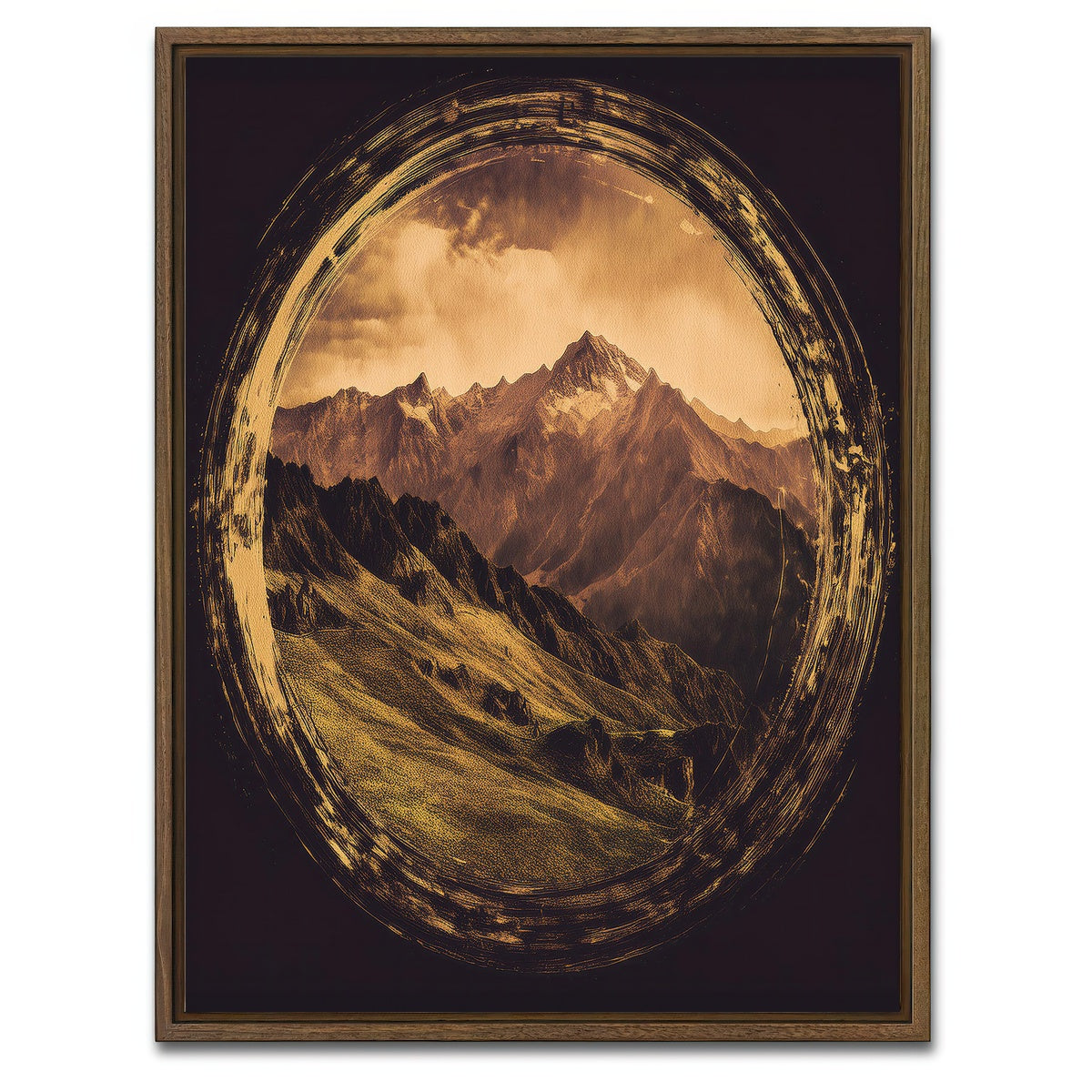 AUTO-MOCKUP WHITE | Retro Mountain View Oil Paint | 1 Piece | Walnut Framed Canvas | group=3x4