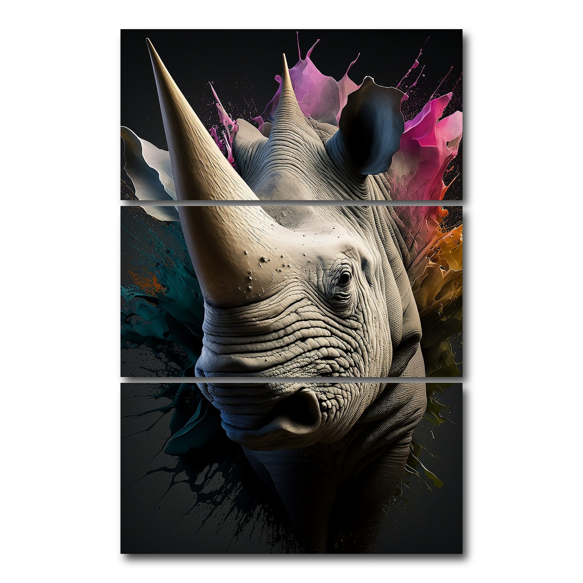 AUTO-MOCKUP WHITE | Rhinoceros Portrait | 3 Piece | Gallery Wrap Canvas | group=12x24_stacked