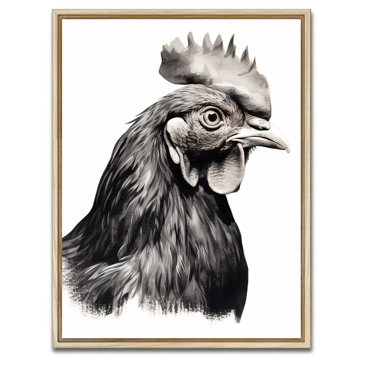 AUTO-MOCKUP WHITE | Rooster Head Grayscale | 1 Piece | Natural Framed Canvas | group=3x4