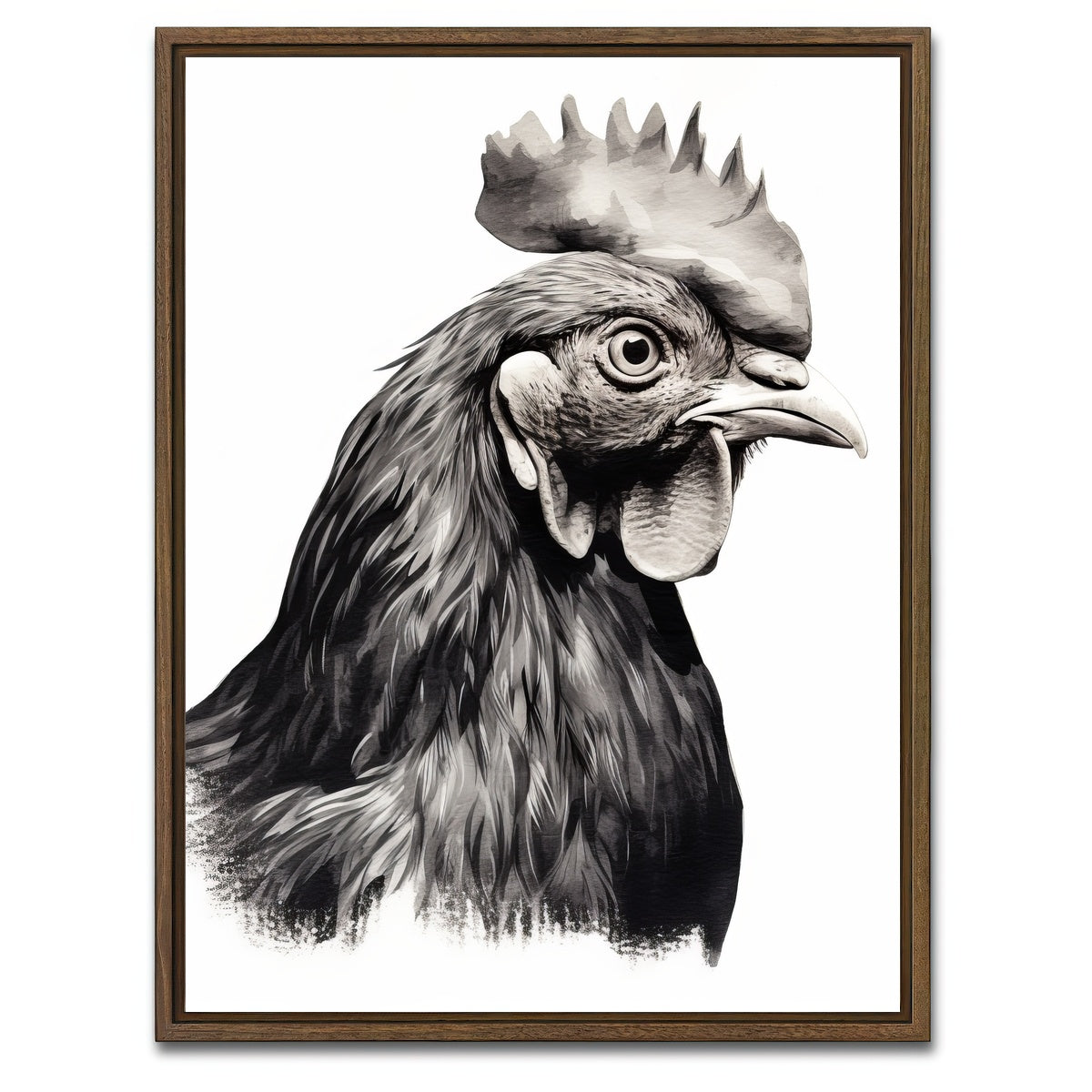 AUTO-MOCKUP WHITE | Rooster Head Grayscale | 1 Piece | Walnut Framed Canvas | group=3x4