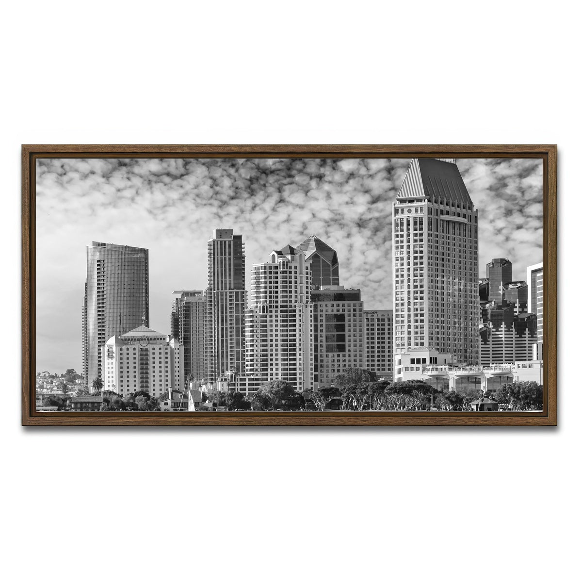 AUTO-MOCKUP WHITE | SAN DIEGO Monochrome Skyline | 1 Piece | Walnut Framed Canvas | group=2x1