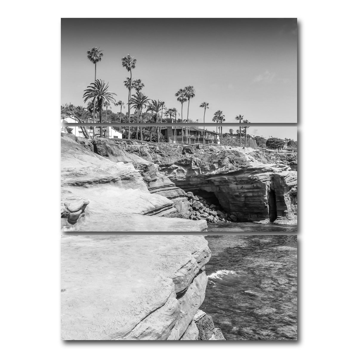 AUTO-MOCKUP WHITE | SAN DIEGO Monochrome Sunset Cliffs | 3 Piece | Gallery Wrap Canvas | group=8x18_stacked