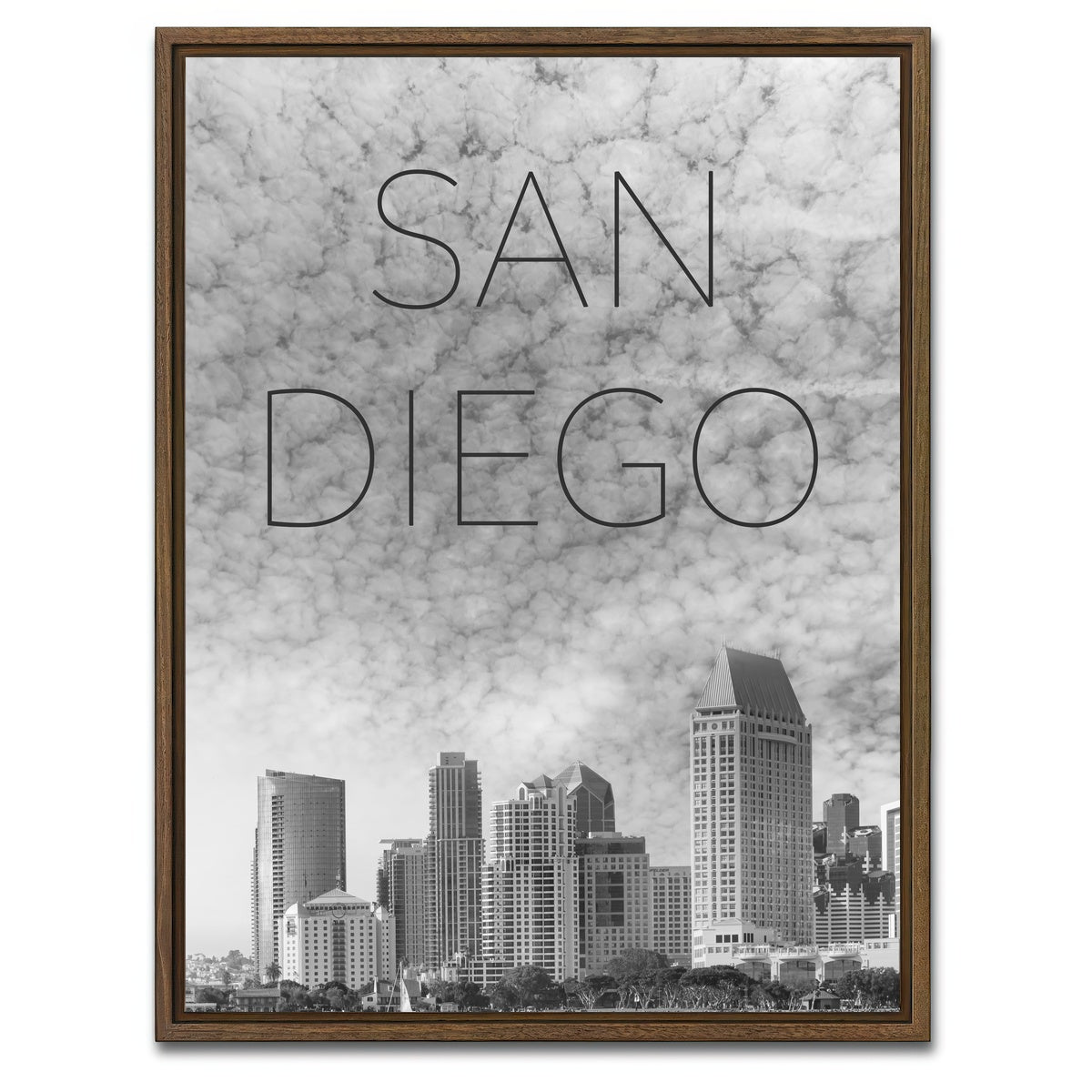 AUTO-MOCKUP WHITE | SAN DIEGO Skyline Text | 1 Piece | Walnut Framed Canvas | group=3x4