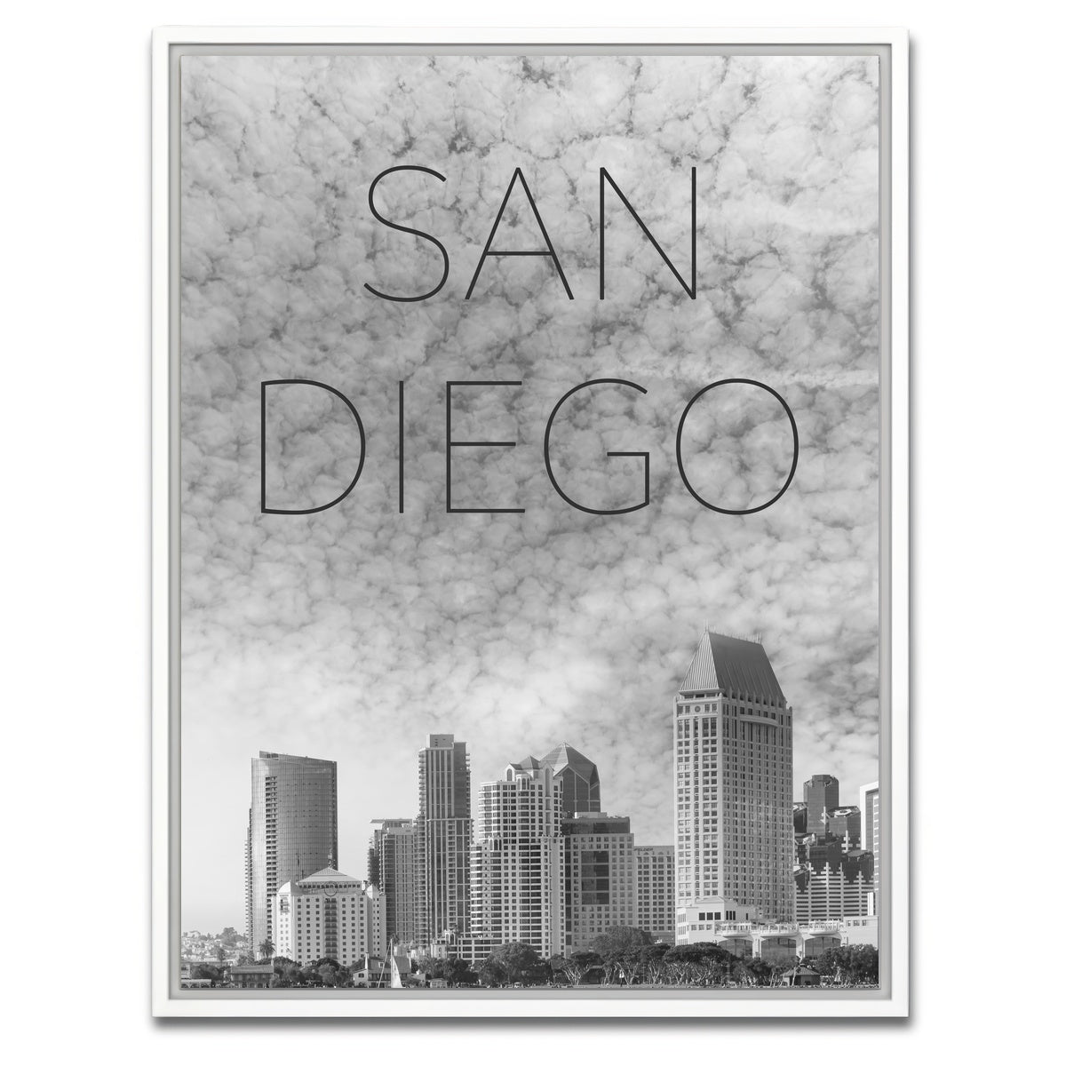 AUTO-MOCKUP WHITE | SAN DIEGO Skyline Text | 1 Piece | White Framed Canvas | group=3x4