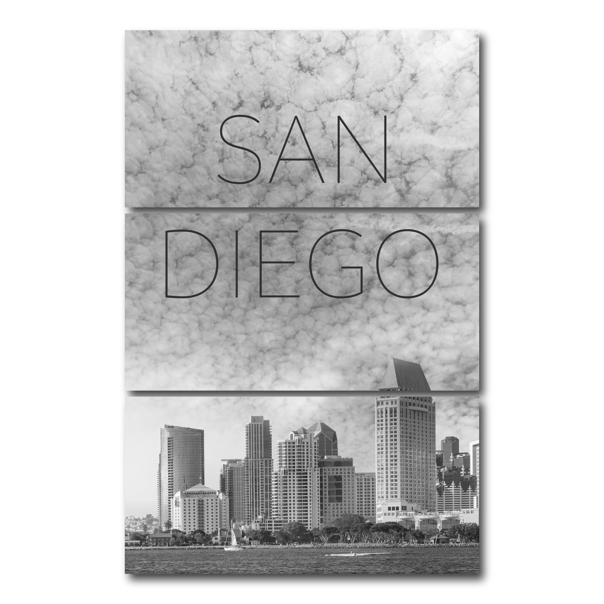AUTO-MOCKUP WHITE | SAN DIEGO Skyline Text | 3 Piece | Gallery Wrap Canvas | group=12x24_stacked